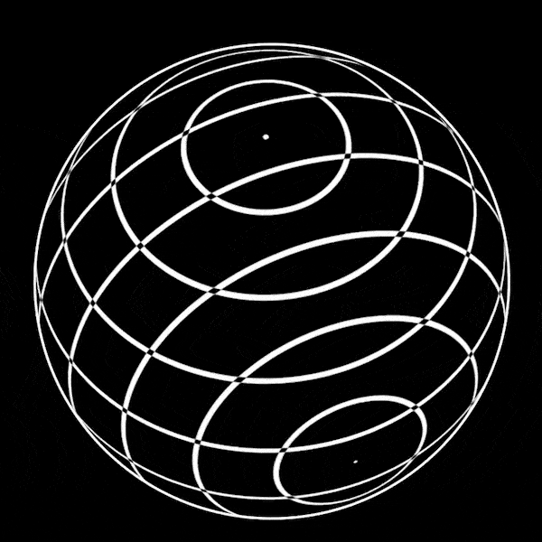 A monochromatic animation of a rotating sphere with intersecting curved lines and small dots at the intersections forms a dynamic, geometric pattern on a black background, much like the innovative visual creations by a leading Web Design Agency in Toronto. Conte Studios