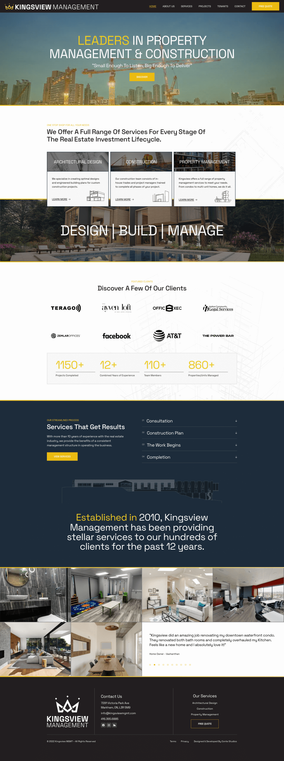 The homepage highlights our property management and construction services, featuring client logos and service listings with a contact section. With dominant colors of yellow, black, and white, it showcases the expertise of a leading Content Creation Agency Toronto in design and presentation. Conte Studios