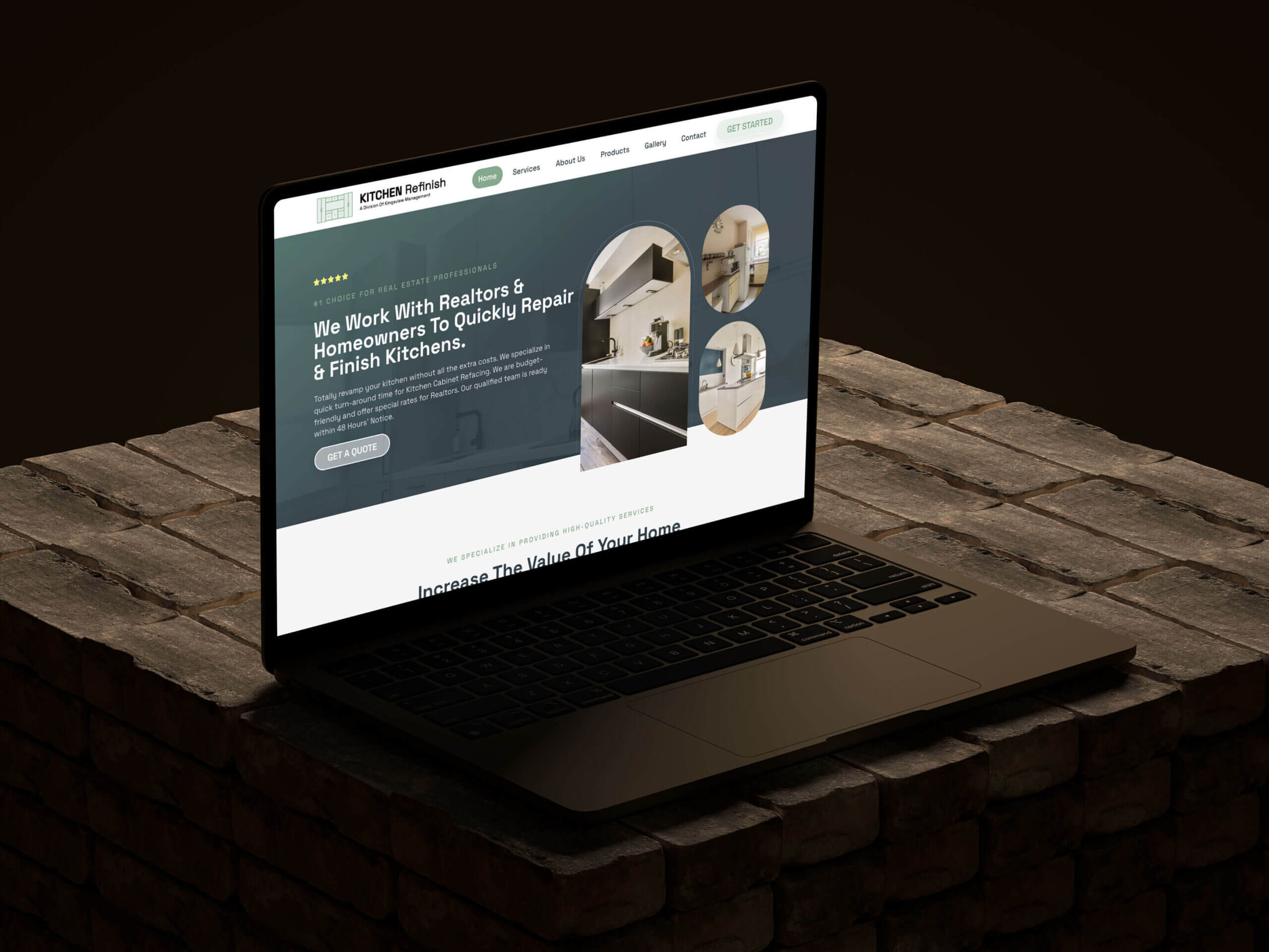 An open laptop sits on a brick surface, showcasing a website about kitchen repair and finishing services crafted by a top Web Design Agency Toronto. Conte Studios