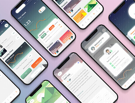 Multiple smartphones displaying a health and wellness app interface with graphs, goals, and user profiles on a gradient background showcase the creative expertise of Conte Studios, a leading Brand Design Agency in Toronto. Conte Studios