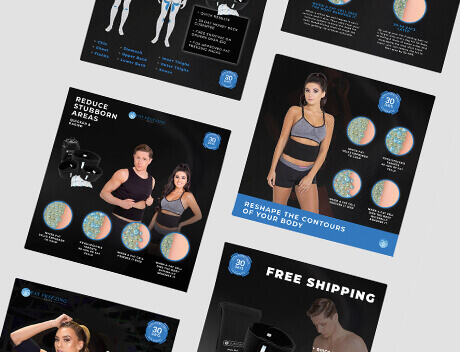 Collage of promotional images showcasing body shaping clothing with models, before-and-after diagrams, and text highlighting benefits like reducing stubborn areas, crafted by Conte Studios. Enjoy free shipping on your purchase today!. Conte Studios