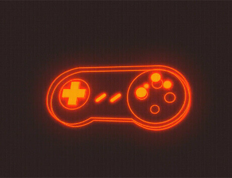 Neon-red retro game controller icon on a dark background, showcasing a D-pad on the left and buttons on the right, crafted with meticulous detail by a leading Toronto Design Agency. Conte Studios