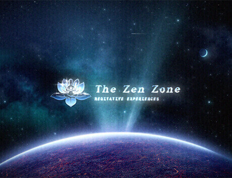 Space-themed background with a distant planet and stars. Text reads, "The Zen Zone: Meditative Experiences," accompanied by a lotus flower. Designed with tranquility by a leading Brand Design Agency in Toronto. Conte Studios