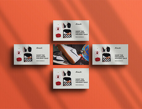 Four identical promotional flyers for a holiday sale featuring bags and accessories, arranged in a cross pattern on an orange background, showcase the creativity of a top Toronto Design Agency. Conte Studios