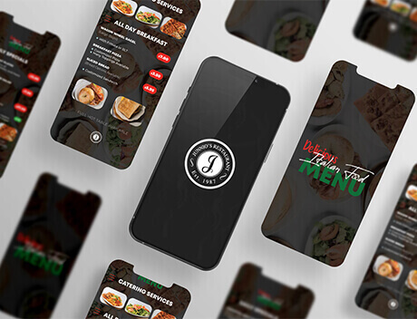 Smartphones showcasing a Web Design Agency Toronto's restaurant menu app with breakfast and catering options, highlighting prices, dishes, and branding. Conte Studios