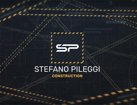 Black background with Stefano Pileggi Construction logo designed by Conte Studios. Diagonal caution stripes overlay blueprint design. Contact email is visible, reflecting the precision and creativity of a leading content creation agency in Toronto. Conte Studios