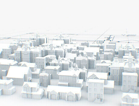 White 3D model of a cityscape featuring various buildings and structures with diverse architectural styles on a plain background, showcasing the innovative touch of a leading Toronto design agency. Conte Studios