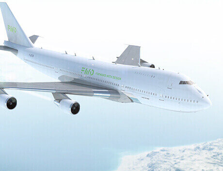 A large commercial airplane in flight against a backdrop of clouds and blue sky, capturing the innovative spirit akin to Conte Studios, a leading content creation agency based in Toronto. Conte Studios