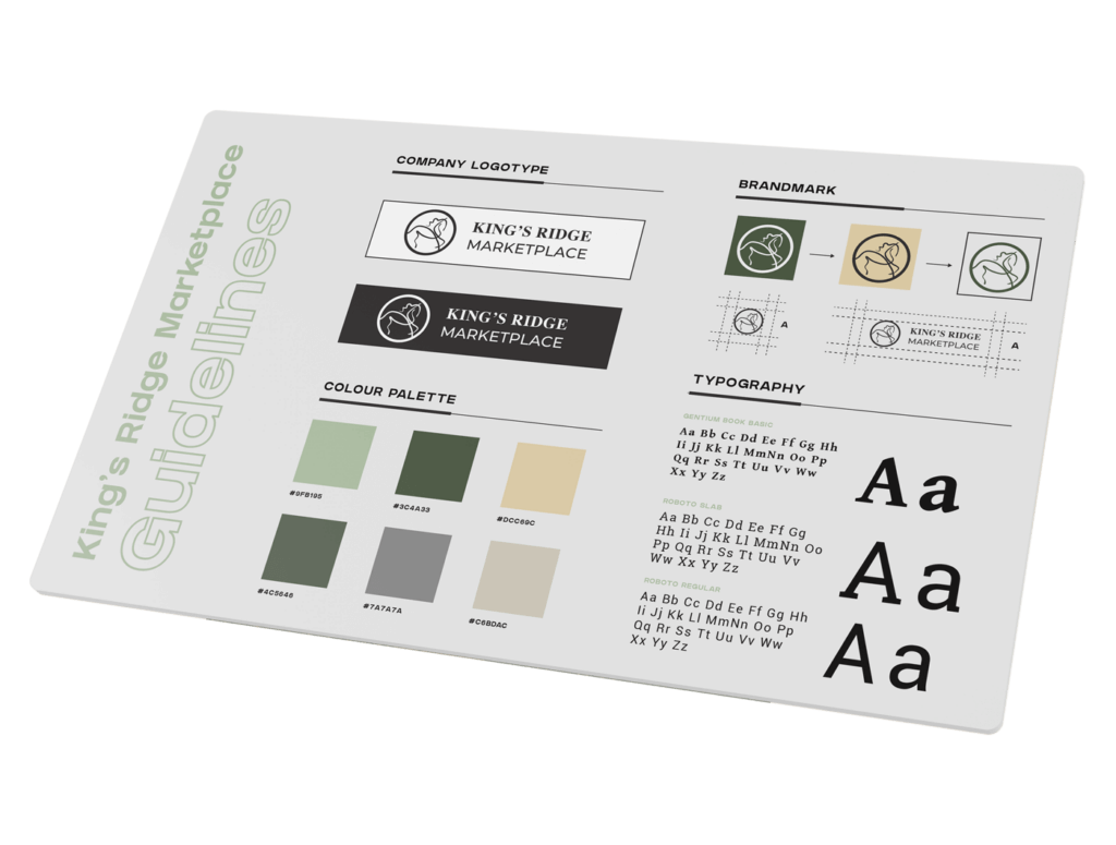 Discover the King's Ridge Marketplace brand guidelines crafted by Conte Studios, showcasing the logotype, brandmark, color palette, and typography. Created in collaboration with a renowned Toronto Design Agency for a cohesive visual identity. Conte Studios