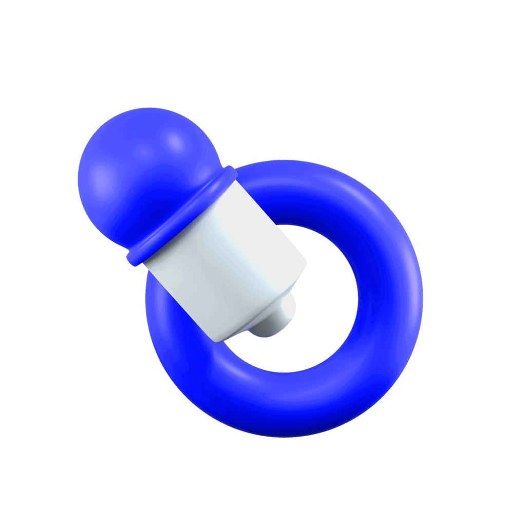 A 3D-rendered blue baby pacifier with a round handle and a white base, expertly designed by Conte Studios. Conte Studios