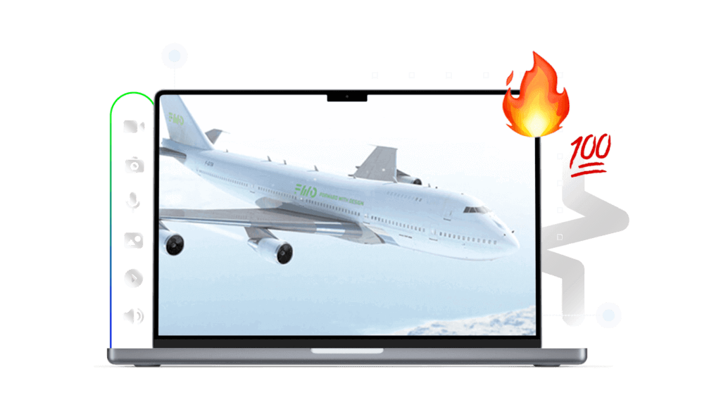 A laptop screen showcases an image of a large airplane. On the left are icons for a camera, microphone, and other tools. To the right, a flame and "100" emoji appear, hinting at Conte Studios' creative flair—a premier brand design agency in Toronto shaping visual narratives. Conte Studios