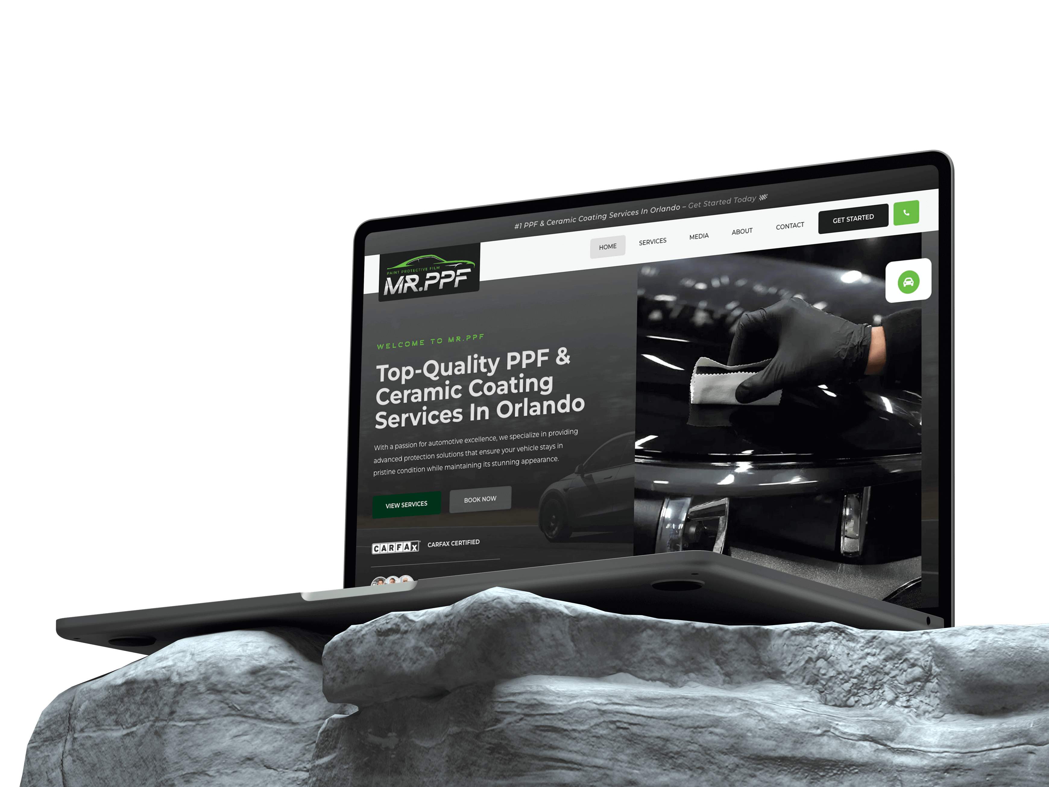 A laptop showcases a website for MR. PPF, detailing premium PPF and ceramic coating services. Designed by Conte Studios, a leading Web Design Agency in Toronto, the site combines sleek aesthetics with user-friendly navigation to enhance your experience. Conte Studios
