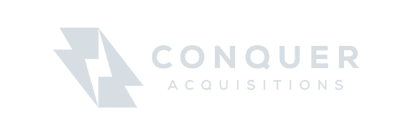 Logo of Conquer Acquisitions featuring a geometric arrow design on the left and the company name on the right in gray text, crafted by Conte Studios, a renowned Brand Design Agency Toronto. Conte Studios