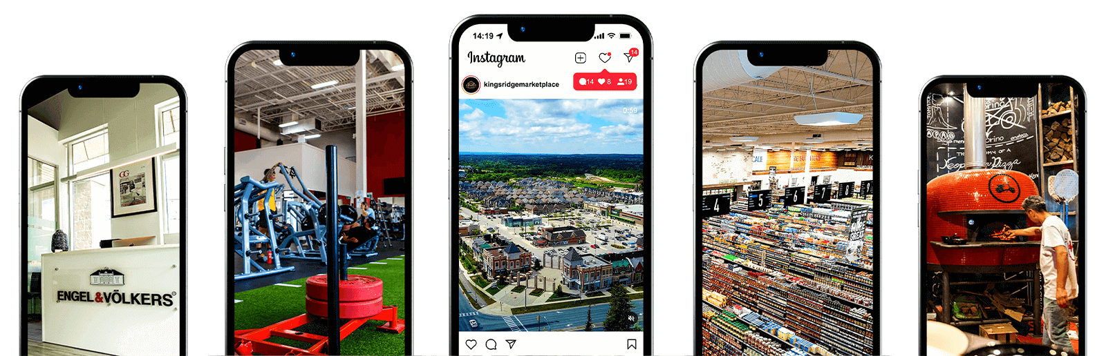 Five smartphones showcase striking images: a real estate office, gym equipment, an aerial city view on Instagram, a supermarket aisle, and a person near a pizza oven. All were curated by a leading Content Creation Agency in Toronto to perfectly capture the essence of urban lifestyle. Conte Studios