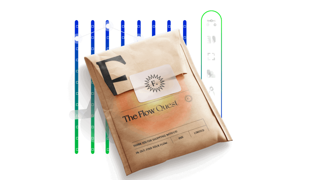 A package labeled "The Flow Quest" with a stylized logo is set against a digital backdrop of graphs and icons, reflecting the innovative flair of a leading brand design agency in Toronto. Conte Studios