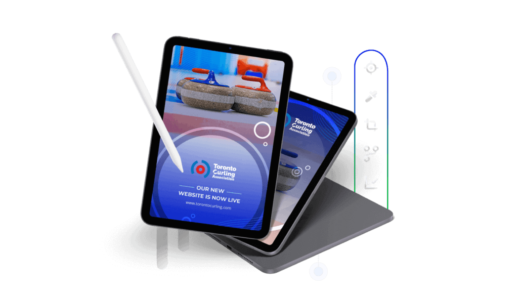 A tablet displaying curling stones and website launch text sits beside graphic design tools, showcasing the creative prowess of a top Web Design Agency Toronto. Conte Studios