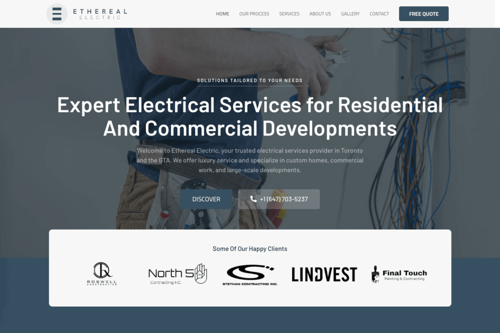 Screenshot of Ethereal Electric's website homepage, expertly crafted by Conte Studios, showcasing their electrical services for residential and commercial developments. Includes contact information and client logos, reflecting the seamless work of a top Brand Design Agency in Toronto. Conte Studios