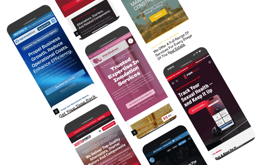 Collage of seven smartphone screens showcasing various business websites, crafted by Conte Studios, with topics on thermal insulation, power quality, and sexual health. Conte Studios