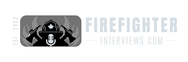 Logo for firefighterinterviews.com designed by a Toronto Design Agency, featuring a firefighter helmet, hoses, and a microphone with a maple leaf, surrounded by flames. Text includes "EST. 2003. Conte Studios