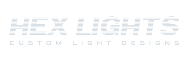 Logo displaying the text "HEX LIGHTS" in stylized font above "Custom Light Designs" on a transparent background, crafted by a leading Toronto Design Agency. Conte Studios