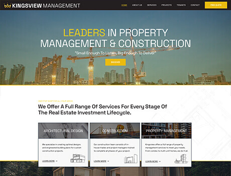 Screenshot of Kingsview Management homepage featuring their slogan and service categories, set against a backdrop of construction cranes. Crafted by the renowned Conte Studios—a premier web design agency in Toronto—this design embodies architectural innovation and digital excellence. Conte Studios