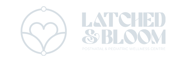 The logo of Latched & Bloom, crafted by Conte Studios, a renowned content creation agency in Toronto, features a stylized heart alongside elegantly designed text, representing their dedication to postnatal and pediatric wellness. Conte Studios