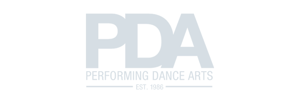 Logo for Performing Dance Arts, crafted by Conte Studios, featuring the acronym PDA in bold letters with "Performing Dance Arts" and "Est. 1986" elegantly displayed below. Conte Studios