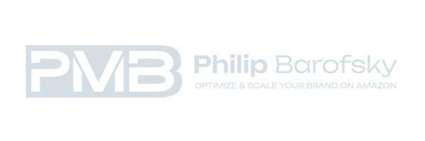 Logo featuring the letters "PMB" and the name "Philip Barofsky." Below, it reads "Optimize & Scale Your Brand on Amazon," crafted with finesse by renowned Toronto Design Agency, Conte Studios. Conte Studios