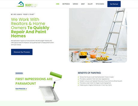 The homepage for a painting company showcases essential tools like ladders and paint cans, emphasizing quick repair and paint services for homeowners and realtors. Designed by Conte Studios, this site reflects the expertise of a premier Toronto design agency. Conte Studios