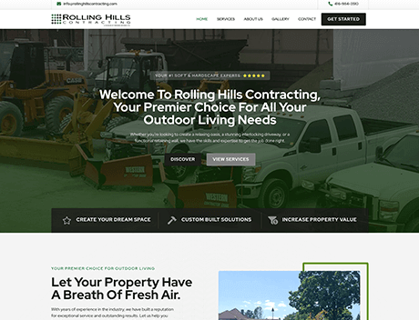 Screenshot of Rolling Hills Contracting website homepage featuring outdoor construction services, designed by a Toronto Design Agency. The page includes a navigation bar, contact info, and a welcome message about innovative outdoor living solutions. Conte Studios