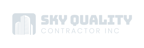 Logo of "Sky Quality Contractor Inc" with an image of stylized buildings on the left, crafted by a premier Toronto Design Agency. Conte Studios