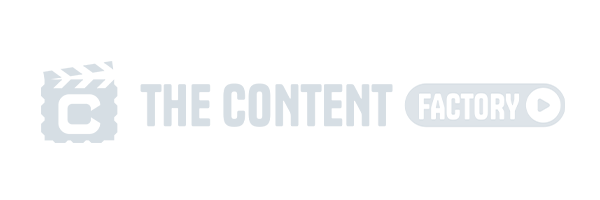 Logo with a film slate icon and text "The Content Factory," followed by a play button symbol, crafted by Toronto's leading Brand Design Agency. Conte Studios