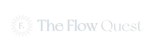 Logo reading "The Flow Quest" with a stylized sunburst design and letter "F" on the left, crafted by Conte Studios, a leading content creation agency in Toronto. Conte Studios