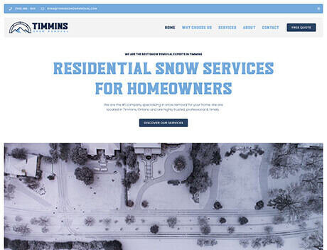 An aerial view of a snow-covered residential neighborhood graces the webpage designed by Conte Studios, showcasing Timmins Snow Removal's services for homeowners. Let our web design agency in Toronto elevate your online presence with captivating visuals and seamless functionality. Conte Studios