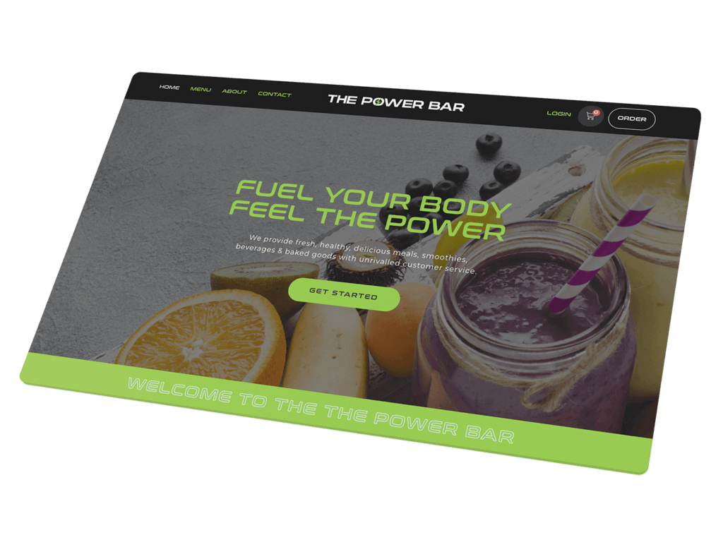 Website homepage for "The Power Bar" by a leading web design agency in Toronto, featuring a vibrant smoothie image. With the text "Fuel Your Body, Feel The Power" and a "Get Started" button, it's crafted to energize your online presence. Conte Studios