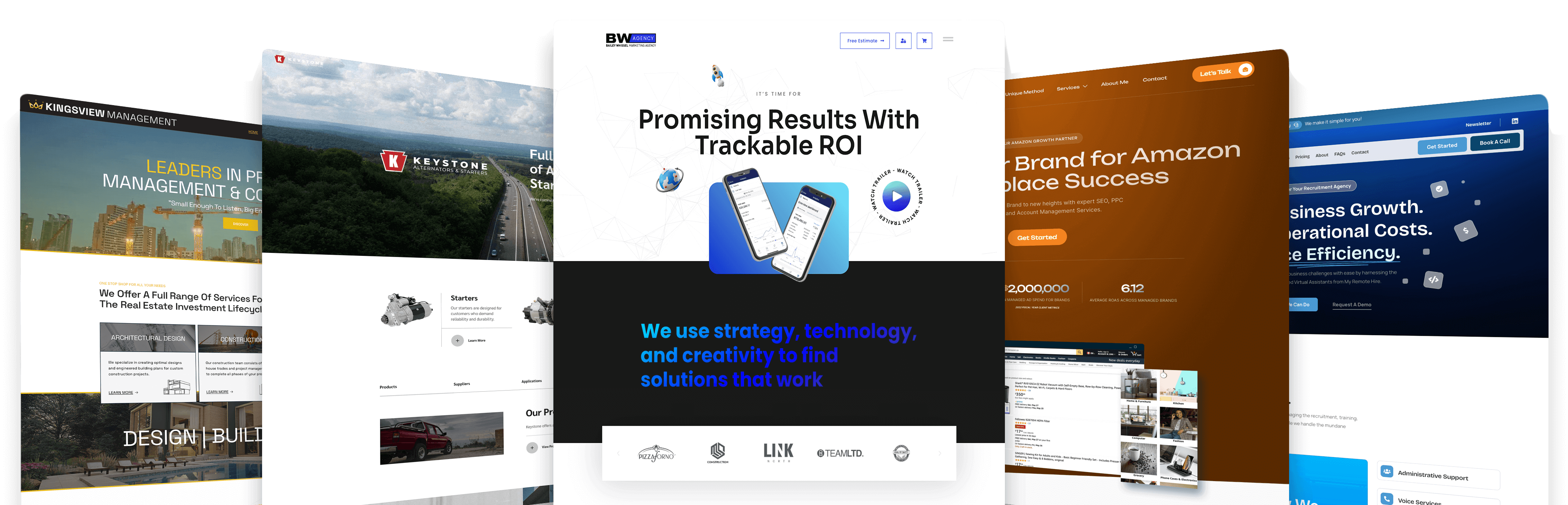 A row of overlapping website homepage previews featuring business and technology themes from a top Toronto Design Agency. The central site highlights strategy and technology for achieving measurable ROI. Conte Studios