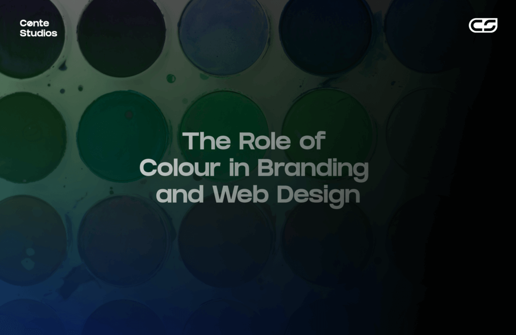 Abstract background with a grid of dark circular shapes. Text reads: "The Role of Colour in Branding and Web Design." Logos for "Conte Studios" and "CG" are in the corners, showcasing Conte Studios as a leading Toronto design agency. Conte Studios