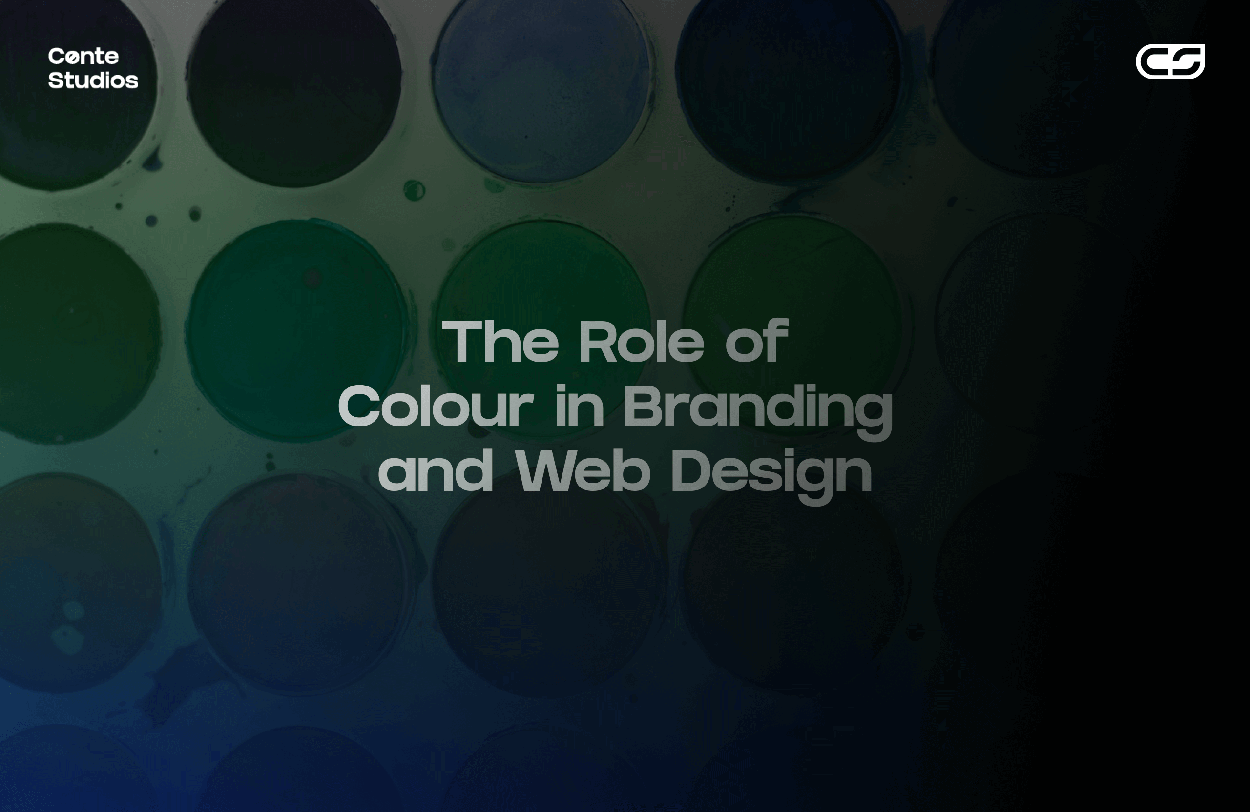 Abstract background with a grid of dark circular shapes. Text reads: "The Role of Colour in Branding and Web Design." Logos for "Conte Studios" and "CG" are in the corners, showcasing Conte Studios as a leading Toronto design agency. Conte Studios