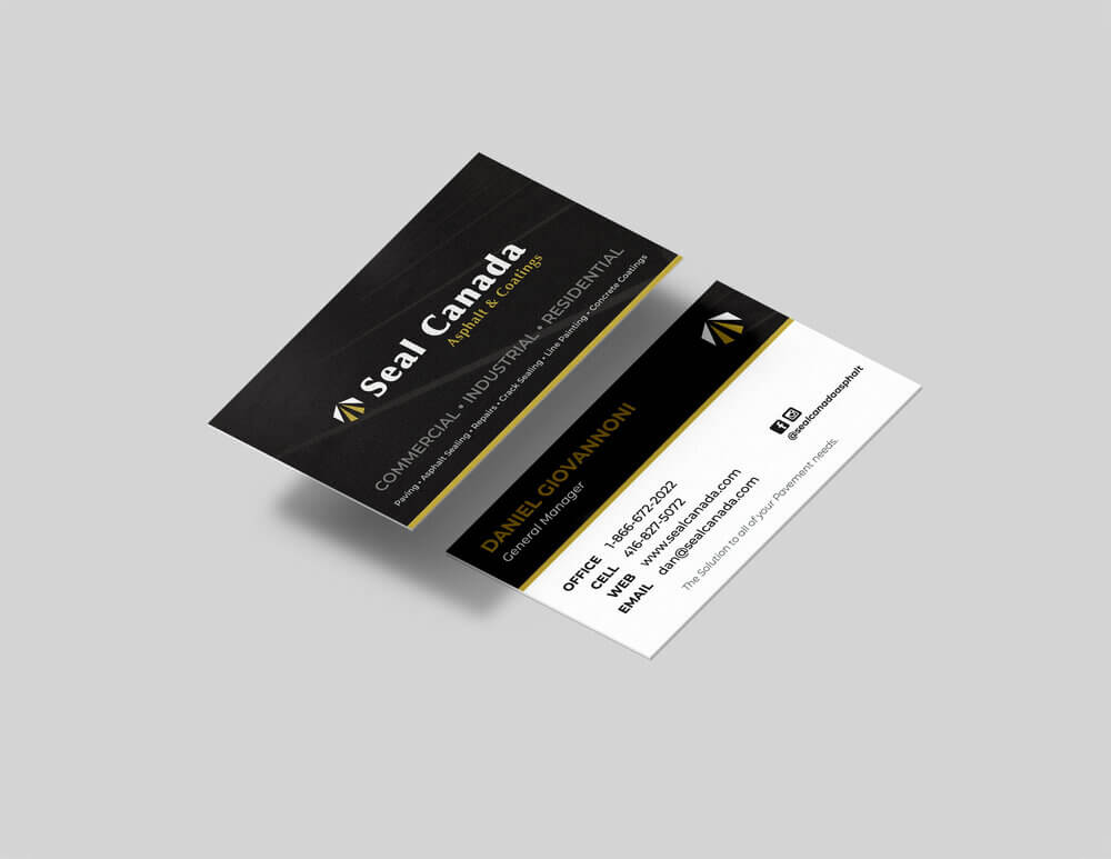 Business card for Seal Canada featuring contact details for Daniel Giovannoni. Describes services: commercial, industrial, and residential. Includes phone numbers, email, and website. Partner with a leading Hosting & SEO Agency Toronto to enhance your business presence online. Conte Studios