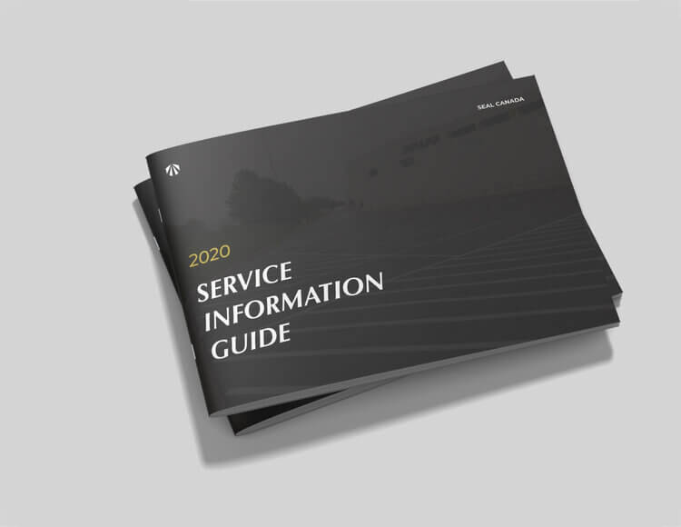 A stack of "2020 Service Information Guide" booklets features a dark, minimalist cover design, expertly crafted by Conte Studios, a leading brand design agency in Toronto known for its innovative approach. Conte Studios