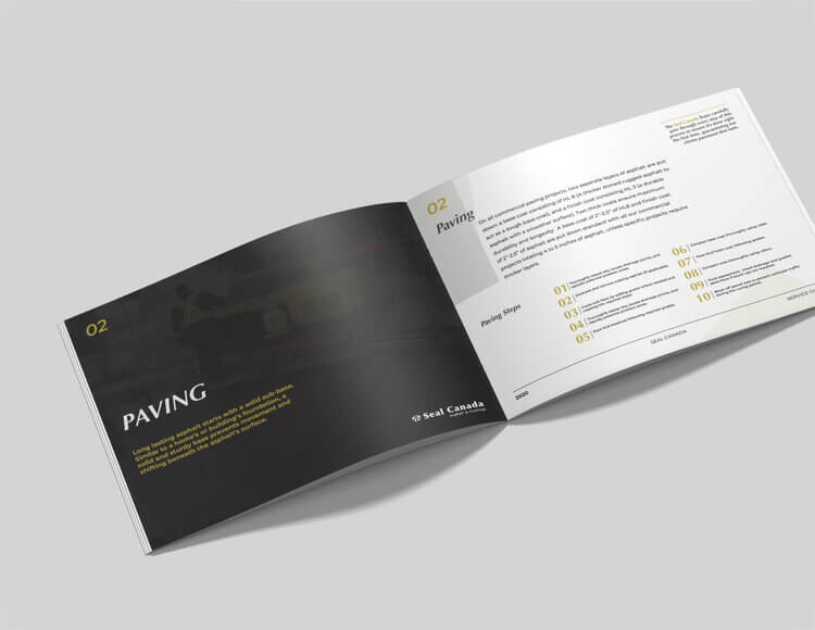 An open brochure rests on a light surface, revealing a page titled "Paving" with detailed text and outlined sections. The layout reflects the expertise of Conte Studios, blending artistry with precision to capture the essence of their craft. Conte Studios