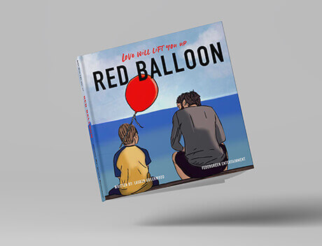 The cover of the book "Red Balloon" features an adult and child gazing at a red balloon against a blue sky, capturing a serene moment reminiscent of inventive storytelling from a top Toronto Design Agency. Conte Studios