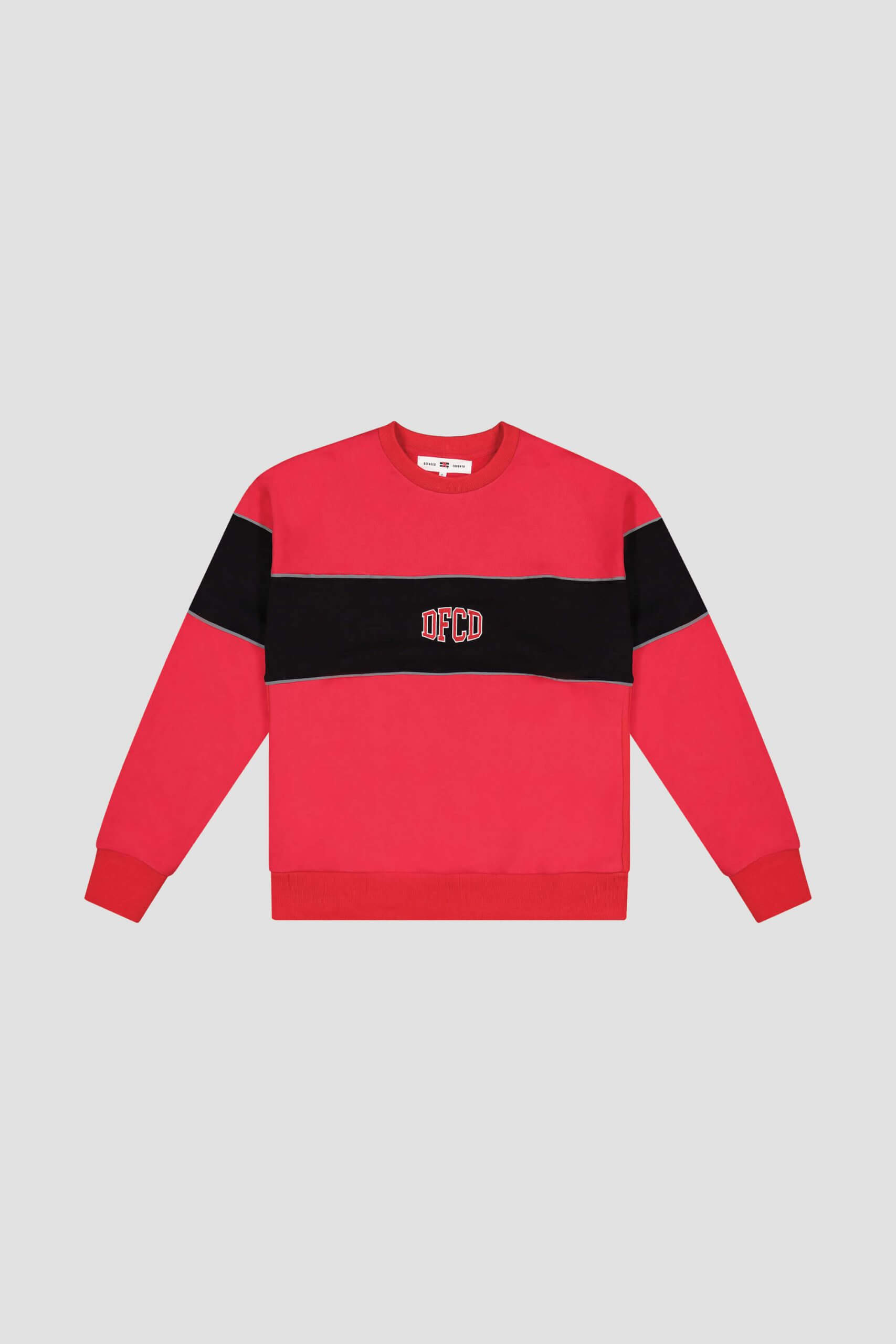 Red sweatshirt with a black horizontal band across the chest and sleeves, featuring "DFCD" text in the center. Perfect for creatives at a Toronto Design Agency who want to showcase their unique style. Conte Studios