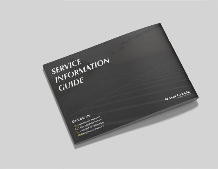 Service Information Guide with a dark cover, designed by a Toronto Design Agency, featuring contact details in the lower left corner and the Seal Canada logo on the right. Conte Studios