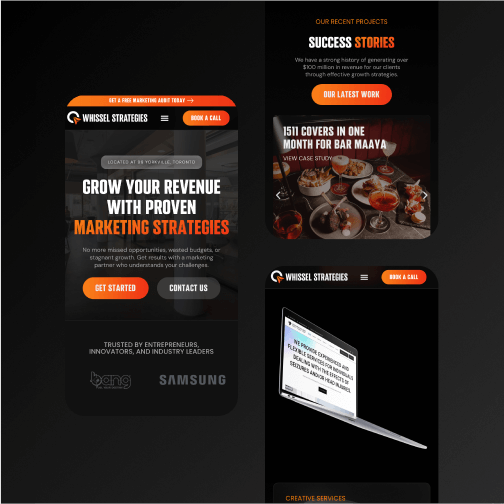 Conte Studios presents a dark-themed website design showcasing marketing services, success stories, and a restaurant case study. Featuring logos for credibility, this site by the renowned Web Design Agency Toronto includes buttons for contact and booking a call. Conte Studios