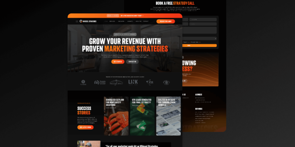 The homepage of our marketing services features bold text, a contact form, and inspiring client success stories. With a striking black and orange palette, Conte Studios stands out as your go-to content creation agency in Toronto. Conte Studios