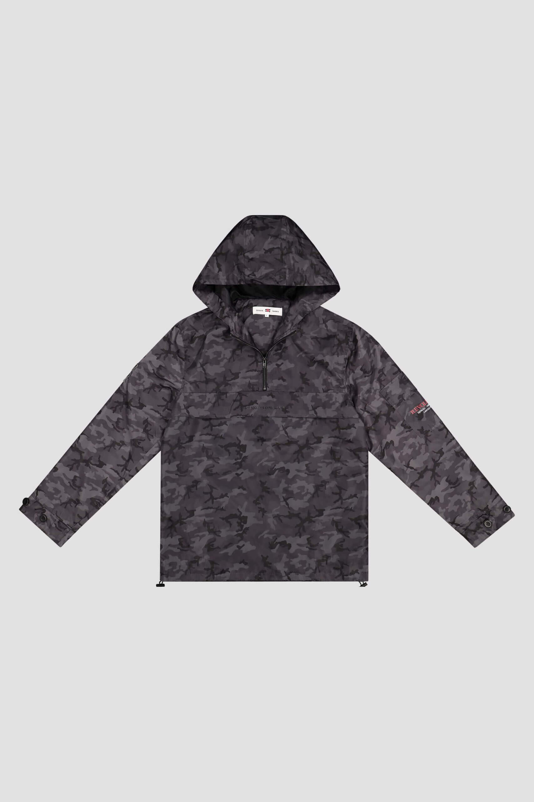 Camouflage-patterned hooded jacket with a half-zip front on a light grey background, expertly crafted by Conte Studios, the renowned brand design agency in Toronto. Conte Studios