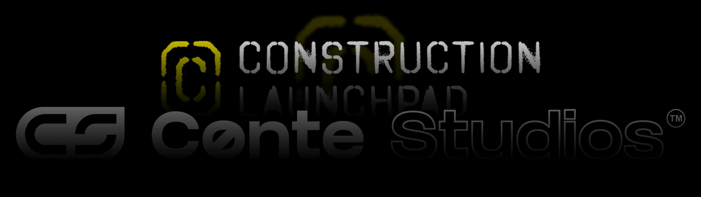 The logo of "Construction LaunchPad" hovers above the stylized text of "Conte Studios," reflecting the creative excellence of Toronto's premier design agency, all set against a sleek black background. Conte Studios