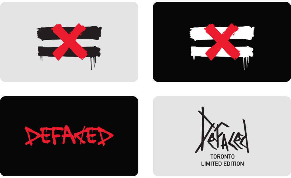 Four graphic designs: red 'X' with black bars, red 'X' with white bars, red word 'DEADFIED', and black 'DEADFIED TORONTO LIMITED EDITION' in a stylized font. Created by a leading brand design agency in Toronto. Conte Studios