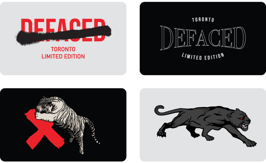 Four graphic designs: "DEFACED," a tiger with a red X, "DEFACED" in outline font, and a prowling black panther, each on separate backgrounds—crafted by a leading brand design agency in Toronto. Conte Studios